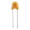 Orange ceramic disc capacitor with '1R0' inscription, two metal terminals, used for electrical storage.