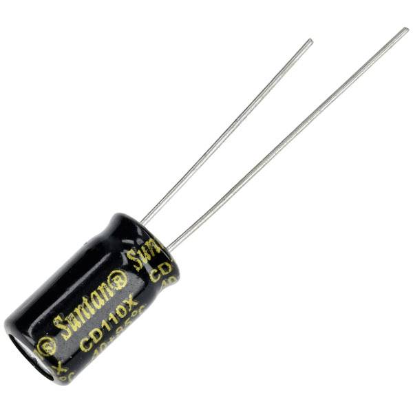 A black electrolytic capacitor with 'Suntan' and 'CD110X' printed markings, with two long metal terminals protruding.