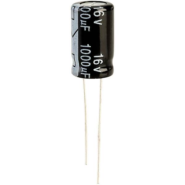 An electrolytic capacitor with the marking 16V 1000µF. It has two metal terminals and is used for storing electrical energy.