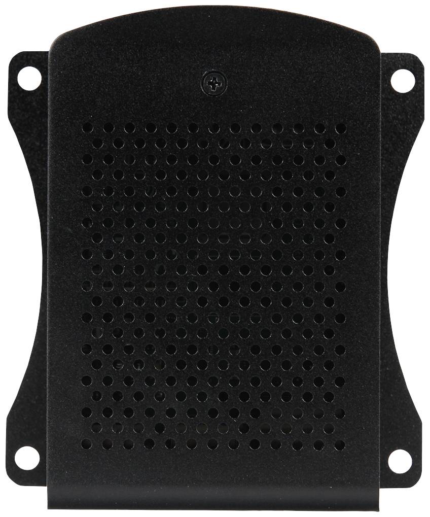 Black and grey metal speaker with a perforated pattern in the centre and four mounting holes at the corners.