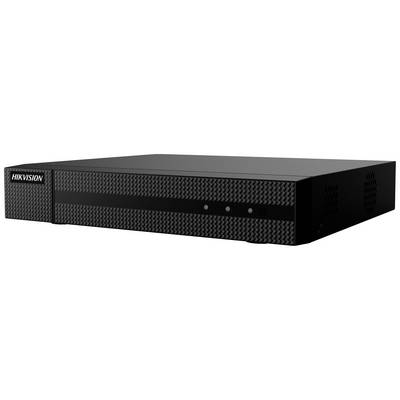 A black Hikvision DVR recorder with a minimalist design. Three small control lights are positioned on the front panel.