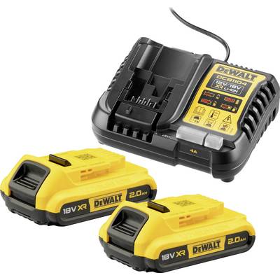 A DeWalt charger with two yellow, rechargeable 18V XR Li-ion batteries, suitable for power tools.