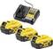 Yellow fast charger with three yellow DeWalt 18V XR 5Ah batteries. Ideal for construction work, ensures long runtime for tools.