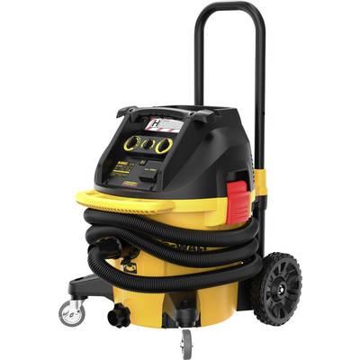 Industrial vacuum cleaner with a yellow container and black lid, large wheels and flexible hose. Ideal for construction sites.