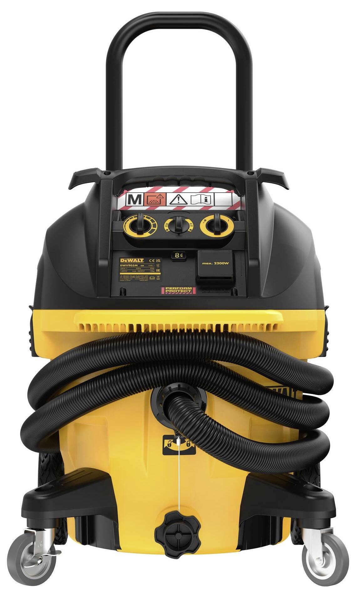 An industrial vacuum cleaner in yellow with a black handle and hoses, featuring multiple control elements and safety markings on the front.
