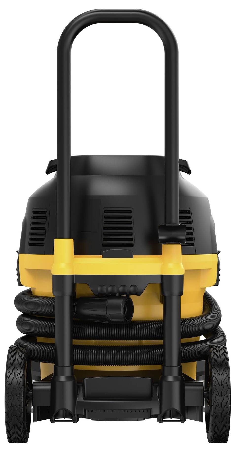 Industrial wet and dry vacuum cleaner with a yellow casing, black handle and hose, visible on two wheels at the back.