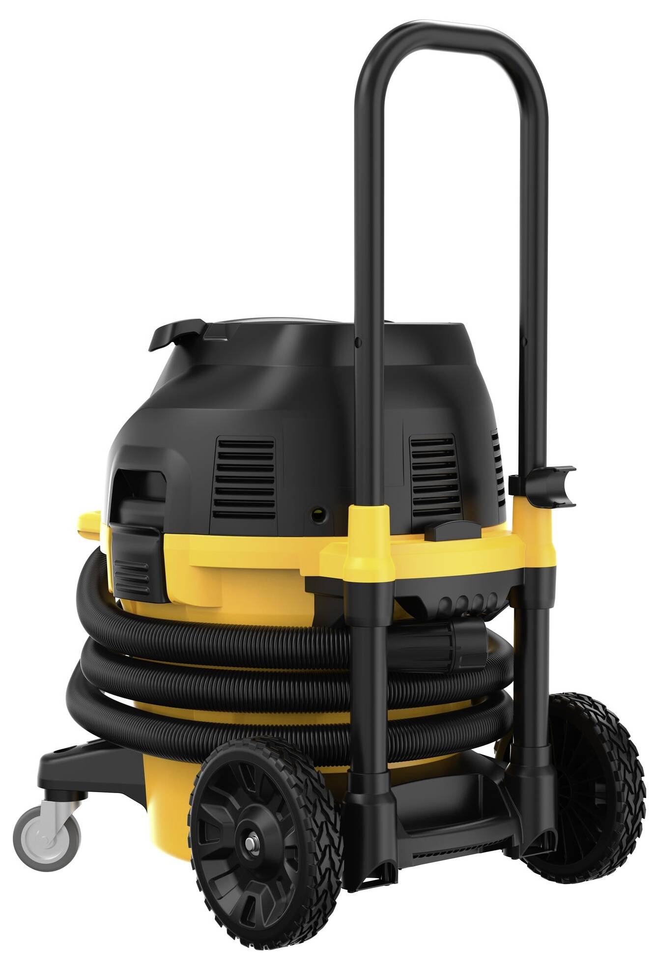 A yellow and black industrial vacuum cleaner with hoses and robust wheels. Ideal for construction sites and workshops.