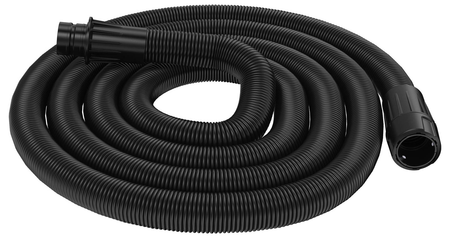 A black, flexible corrugated plastic pipe, coiled up. Suitable for connecting various devices and system components.
