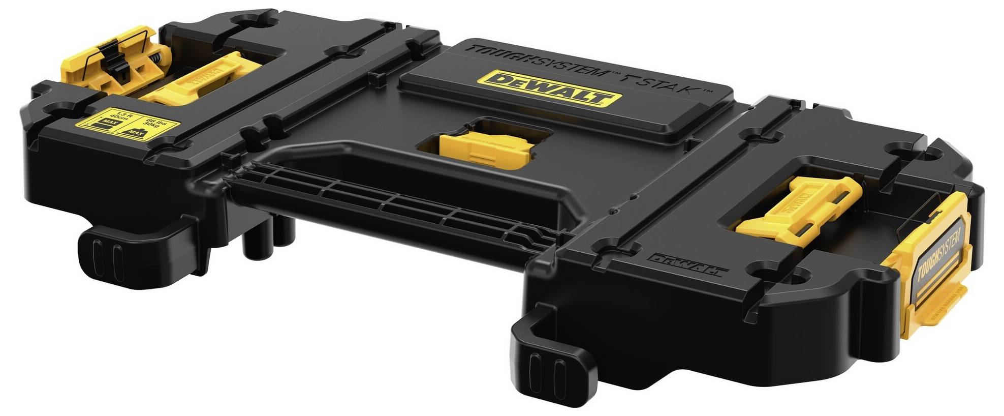 Black, rectangular trolley with yellow handles and hinges. Brand logo in the centre. Robust design for tools.