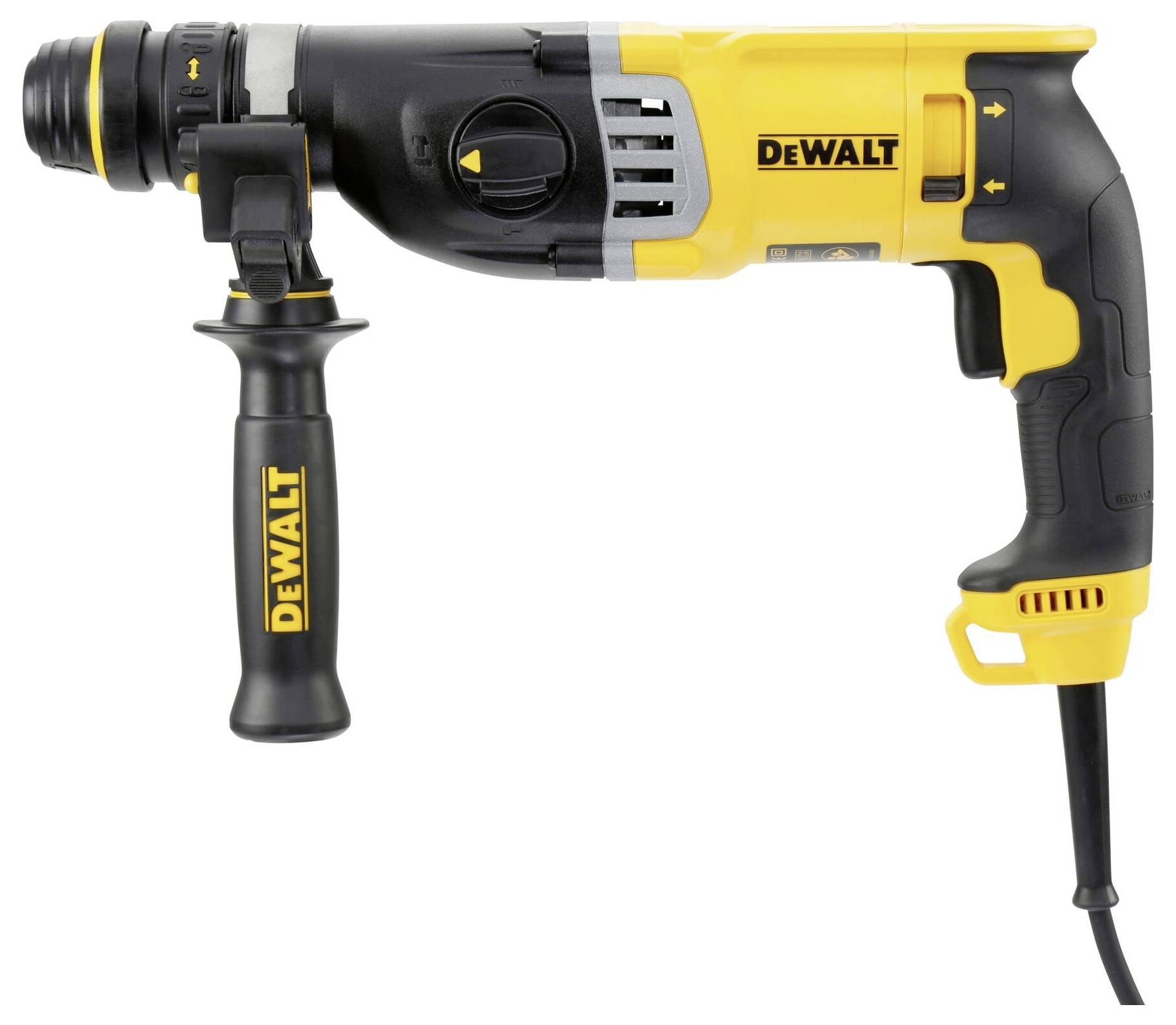 DeWalt electric drill in yellow and black with a side handle and power cable, a typical model for DIY projects.