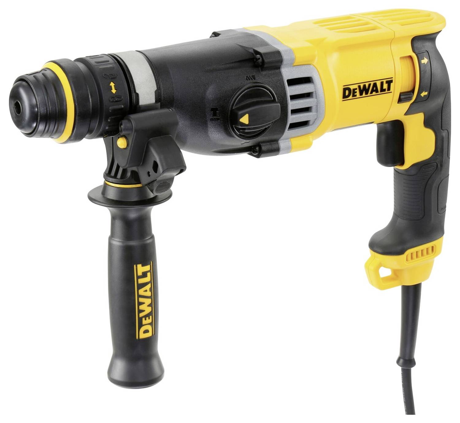 A yellow and black DeWalt electric drill hammer with cable and side handle.
