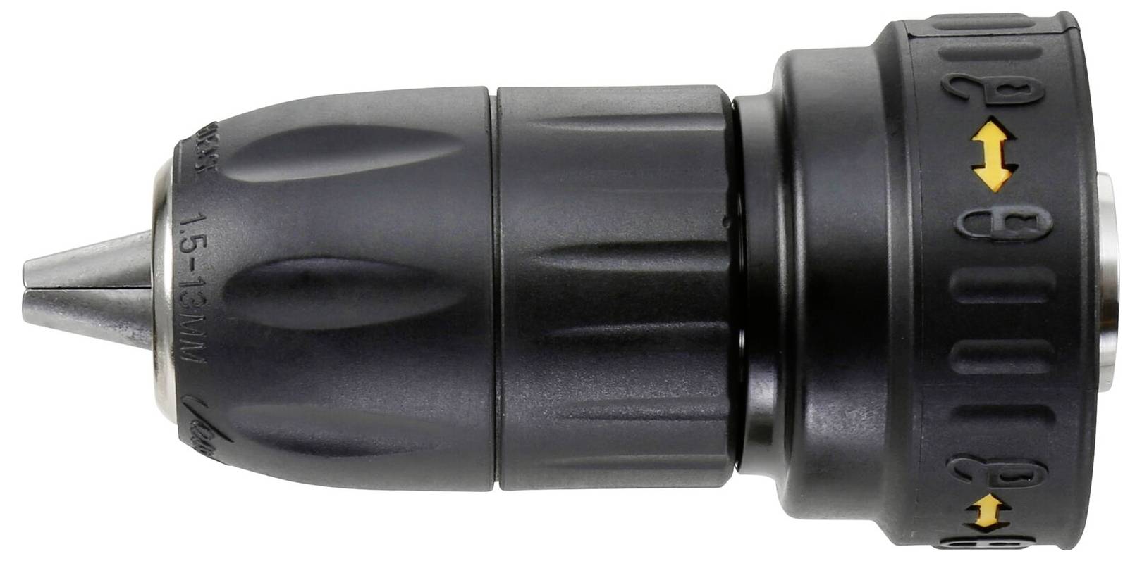 Black drill chuck with numerical scale and arrows indicating the rotation direction for tightening and loosening.