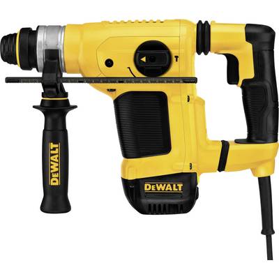 Yellow and black drill hammer with side handle and cable, DeWalt brand.