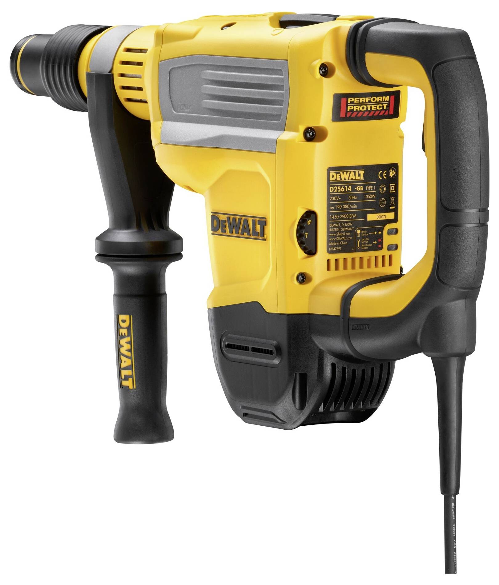 Yellow DeWalt rotary hammer drill with black handle and drill bit, suitable for heavy-duty drilling work.