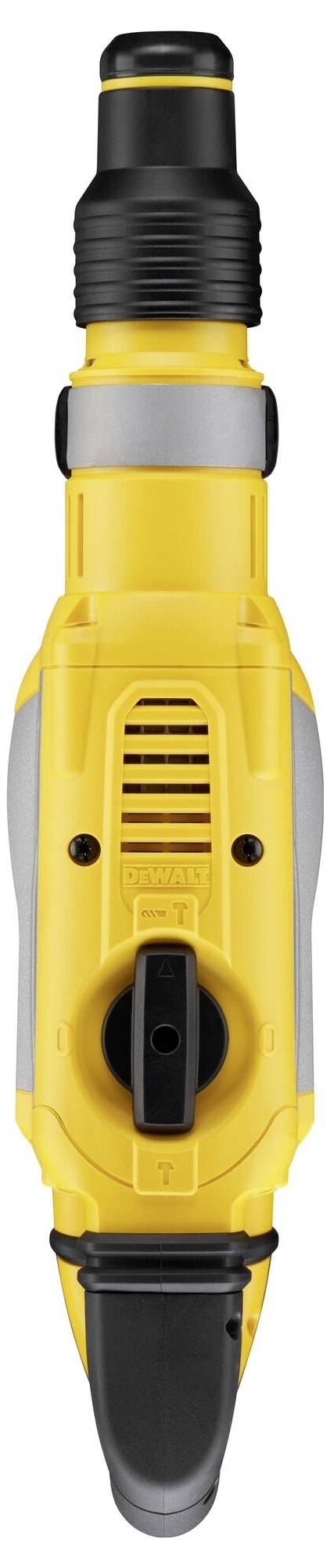 A yellow, hand-held drill hammer with a black handle and controls, photographed from above.