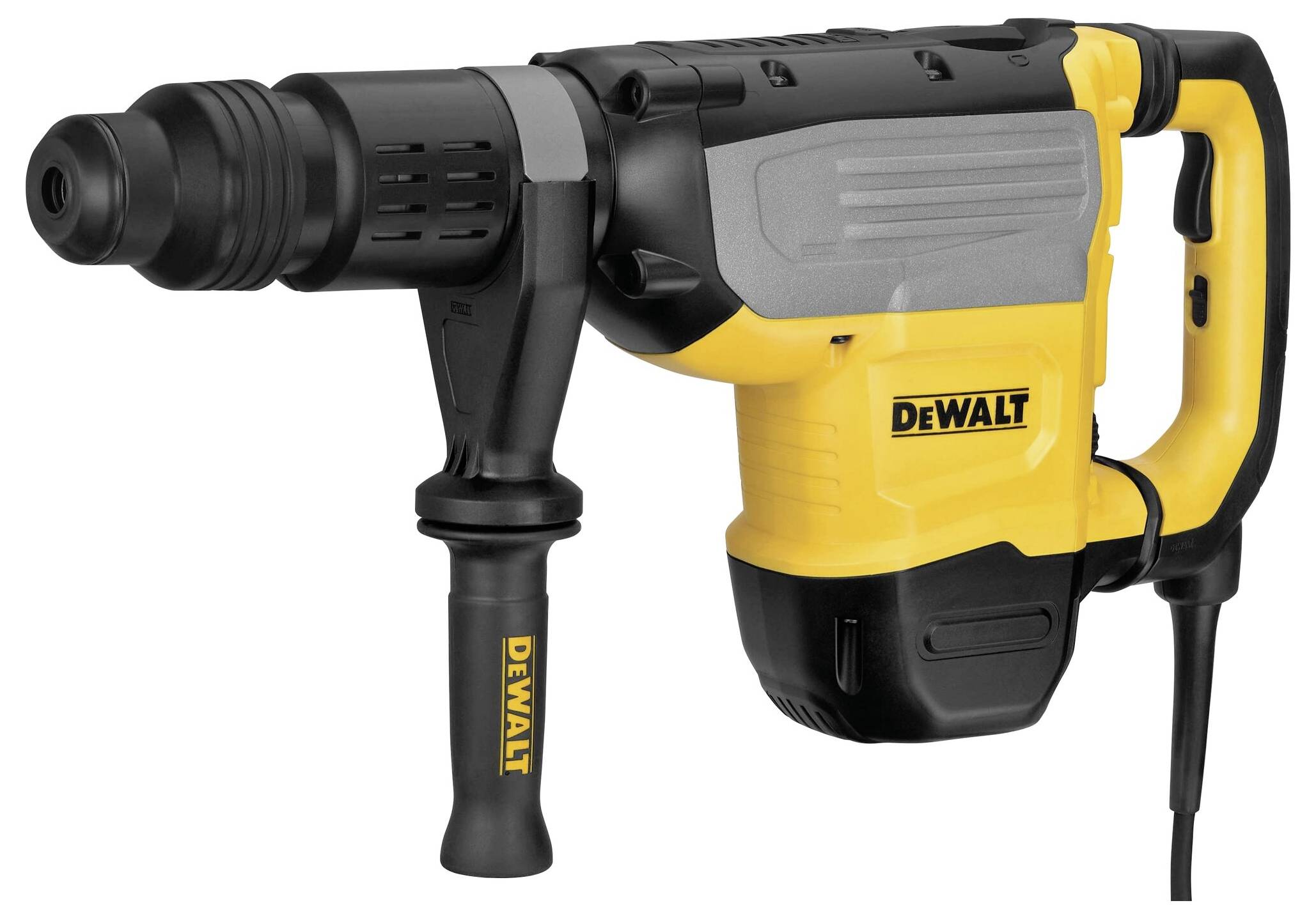 Yellow and black DeWalt drill hammer with an ergonomic handle, suitable for heavy-duty construction work.