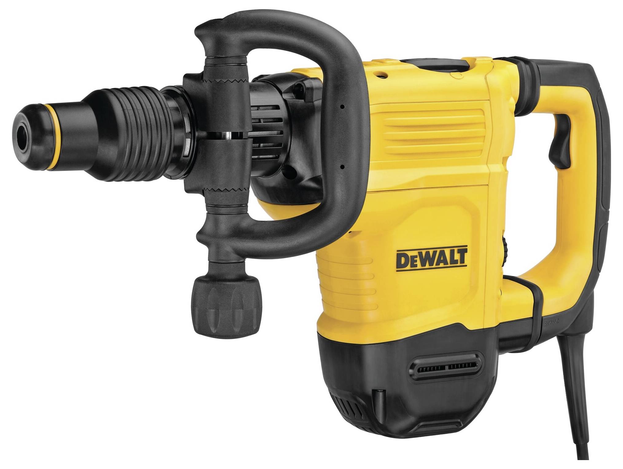 A yellow electric drill hammer with a black handle and the brand name 'DeWalt' on the side. A chisel head is positioned to the left.