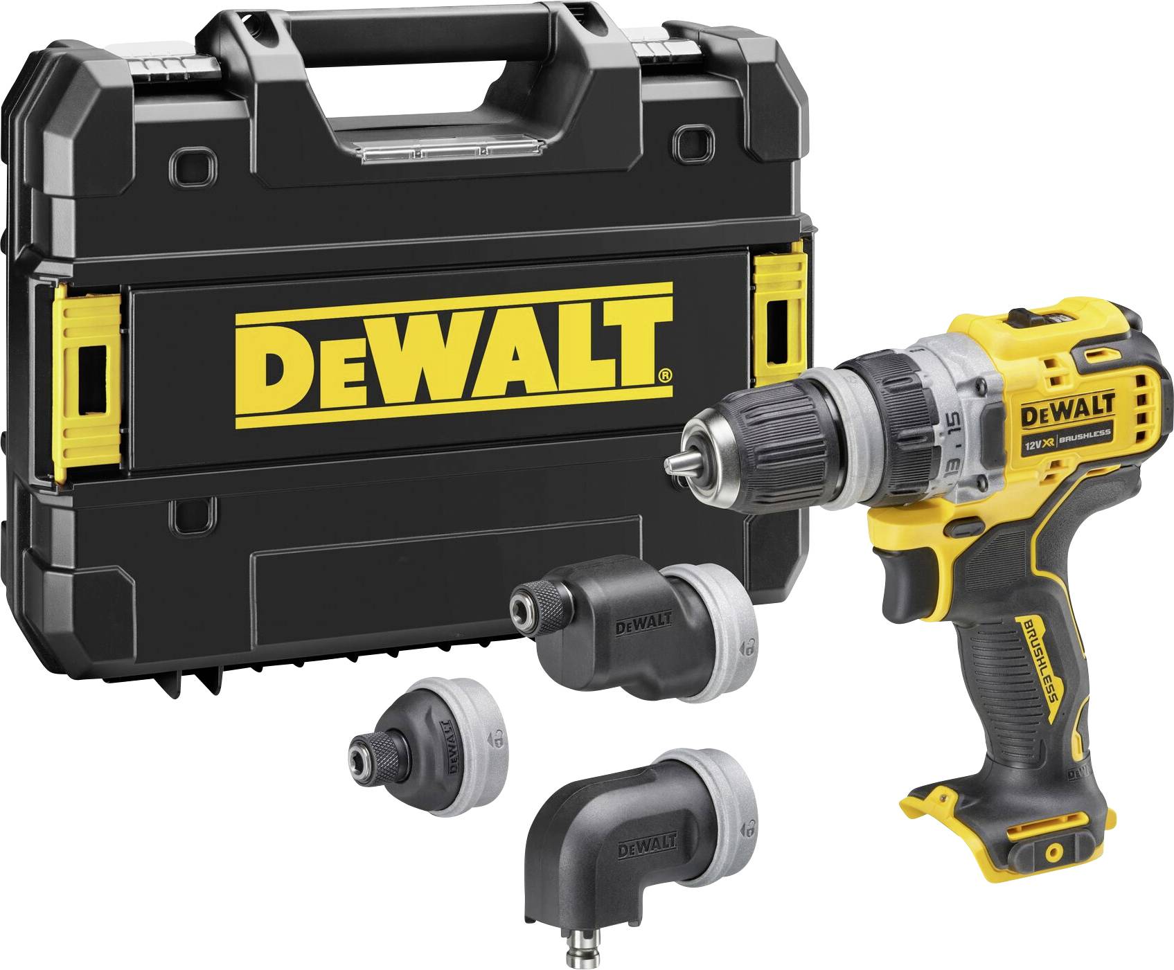 Cordless drill set with yellow and black drill bit, three attachments, and matching plastic carry case. 'DeWalt' brand name on drill bit and case.