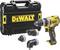 Cordless drill set with yellow and black drill bit, three attachments, and matching plastic carry case. 'DeWalt' brand name on drill bit and case.