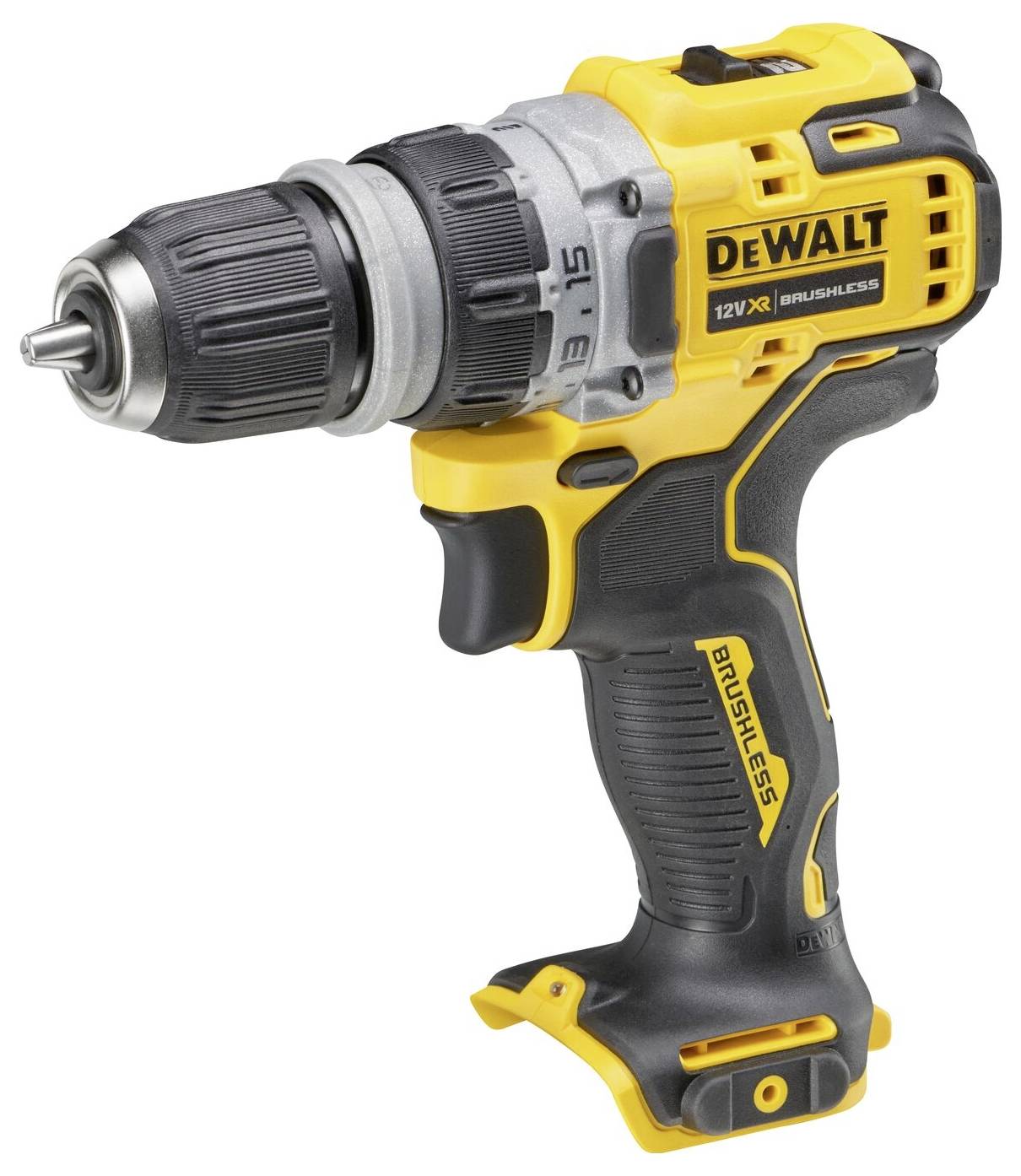 A cordless, yellow-black drill driver with an ergonomic handle, branding and torque adjustment.