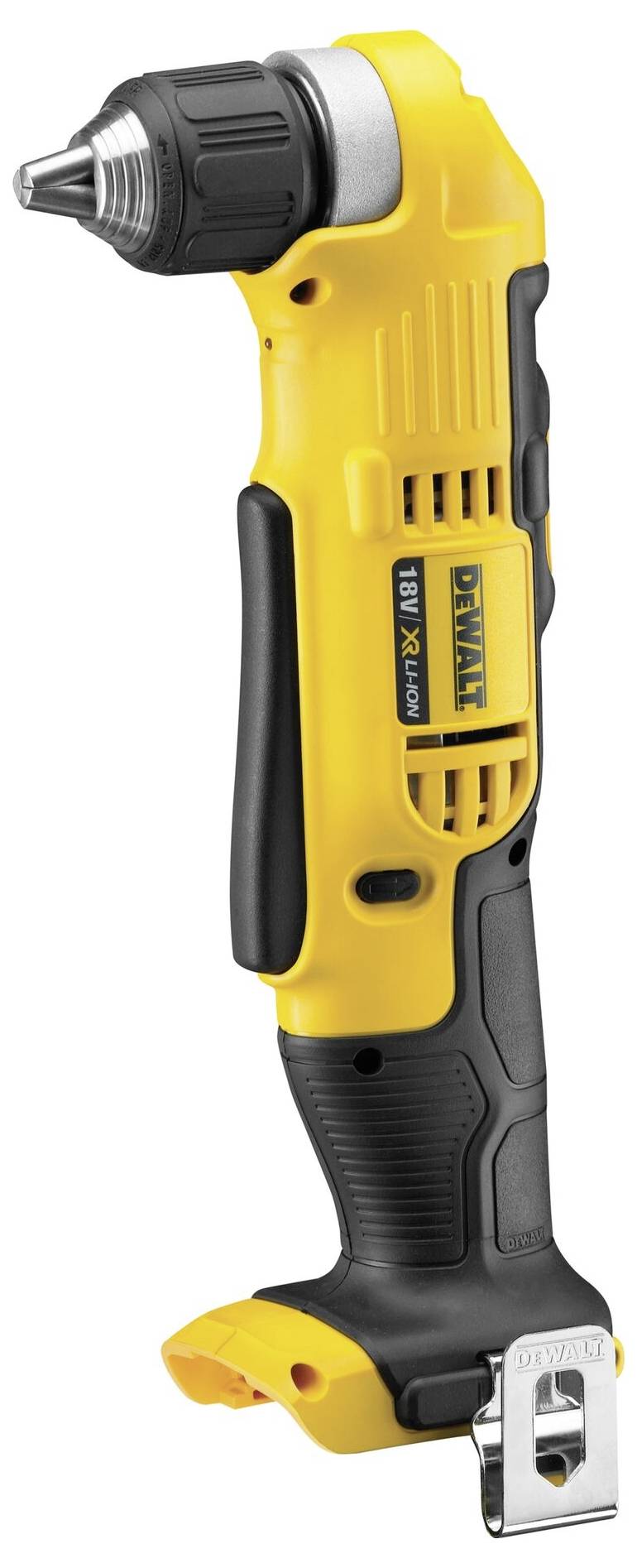 A yellow cordless angle drill with a black handle and chuck. The tool is slim and ergonomically designed for tight spaces.