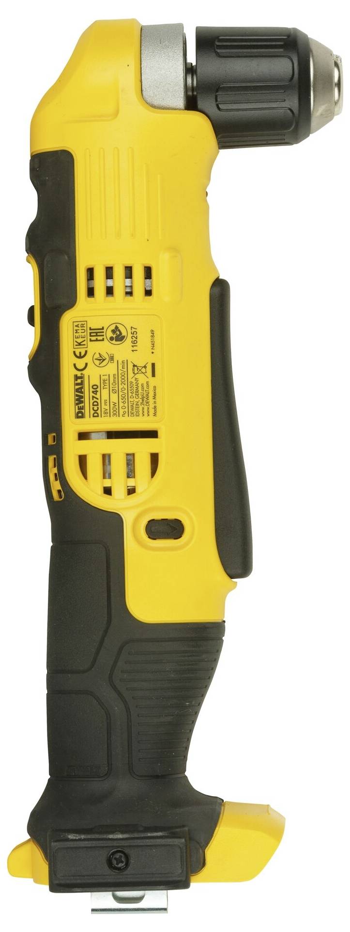 Yellow, compact cordless angle drill with a black rubber-coated grip and metal gearbox, suitable for hard-to-reach areas.