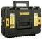 Black DeWalt tool case with yellow logo; labels show model number 'DCD740NT.' Designed for transporting power tools.