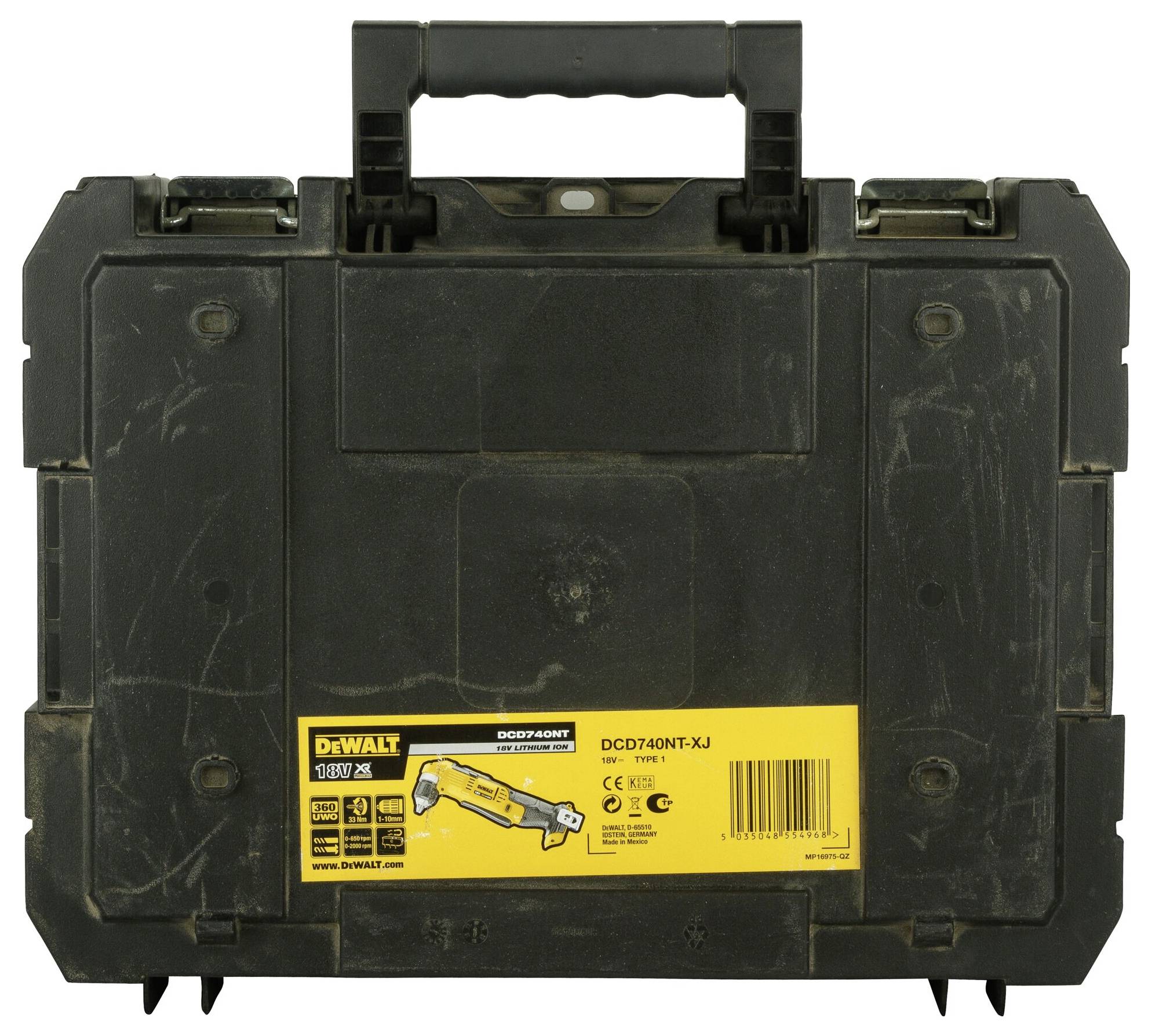 A black Dewalt tool case with a yellow label displaying the model number and product details.