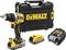 Cordless drill set with yellow and black design, comprising drill, two batteries, charger, and carry case by DEWALT.