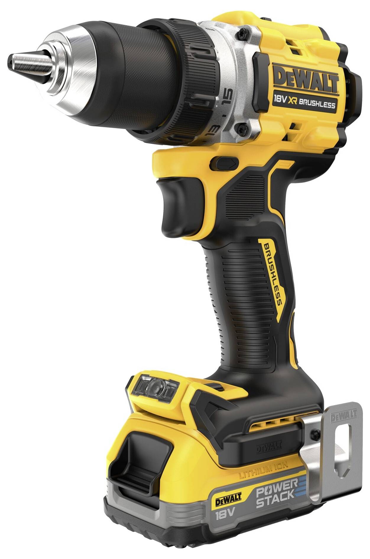 A yellow and black cordless drill driver with an ergonomic handle.