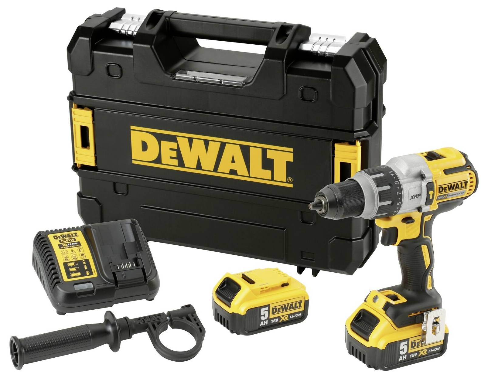 Cordless Drill Driver Set: Includes a cordless drill driver, a charger, two batteries, a handle, and a tool case.