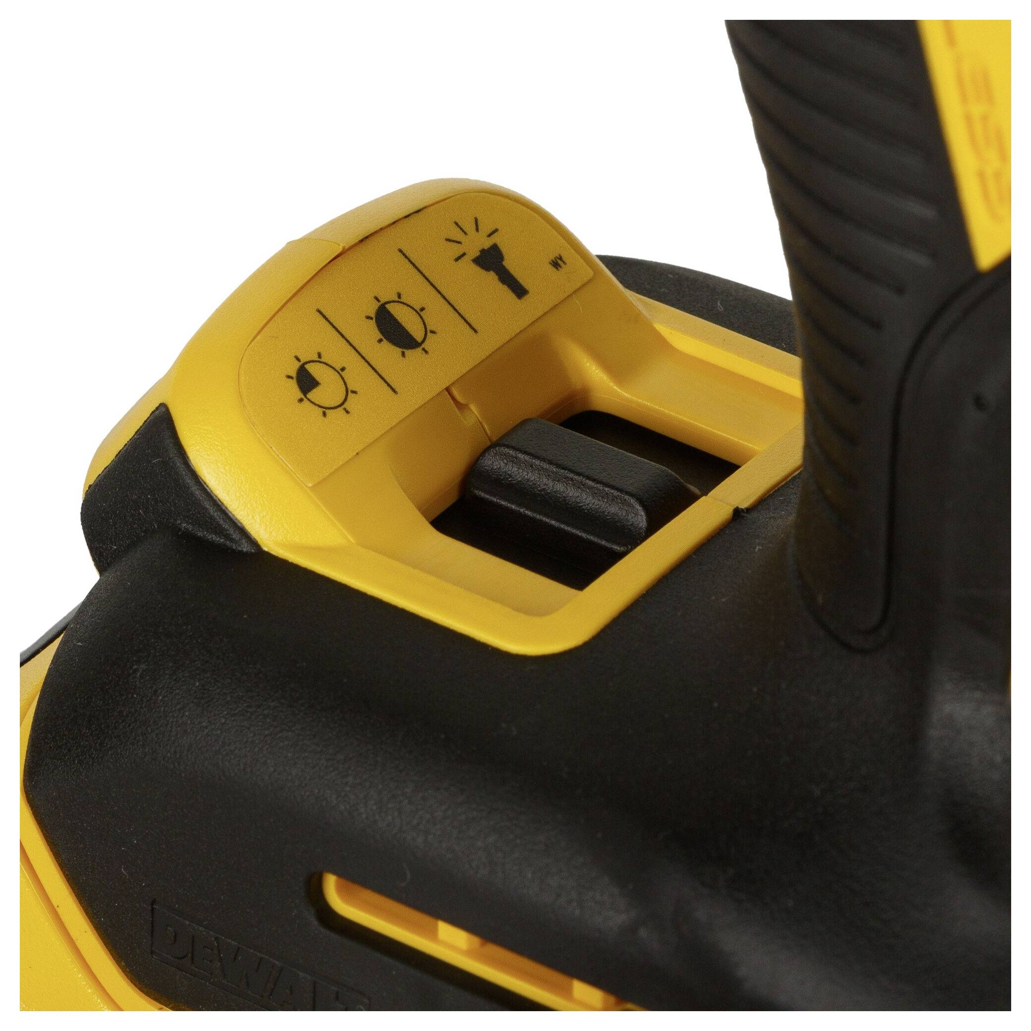 A yellow, electric device with three symbols: light bulb on, light bulb off, and torch. Control lever in the middle.