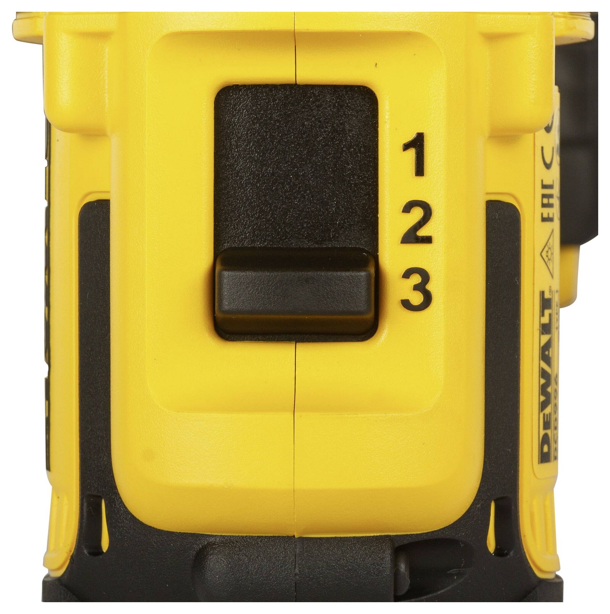 Close-up of a yellow machine with a black switch set to '2' from 1 to 3. 'DEWALT' is written on the side.