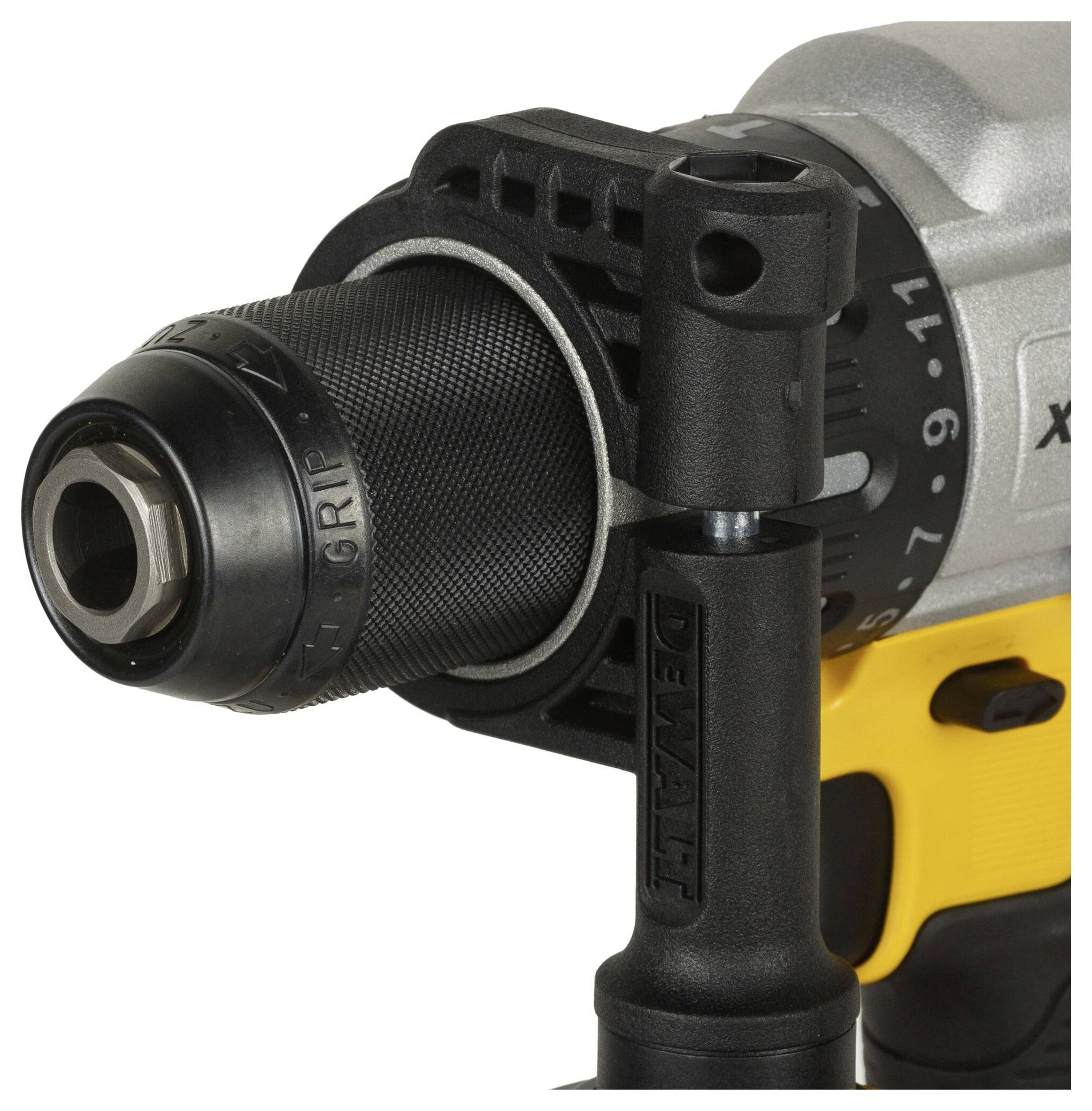 Close-up of a yellow cordless drill with a black handle and chuck, used for precise drilling and screwdriving.