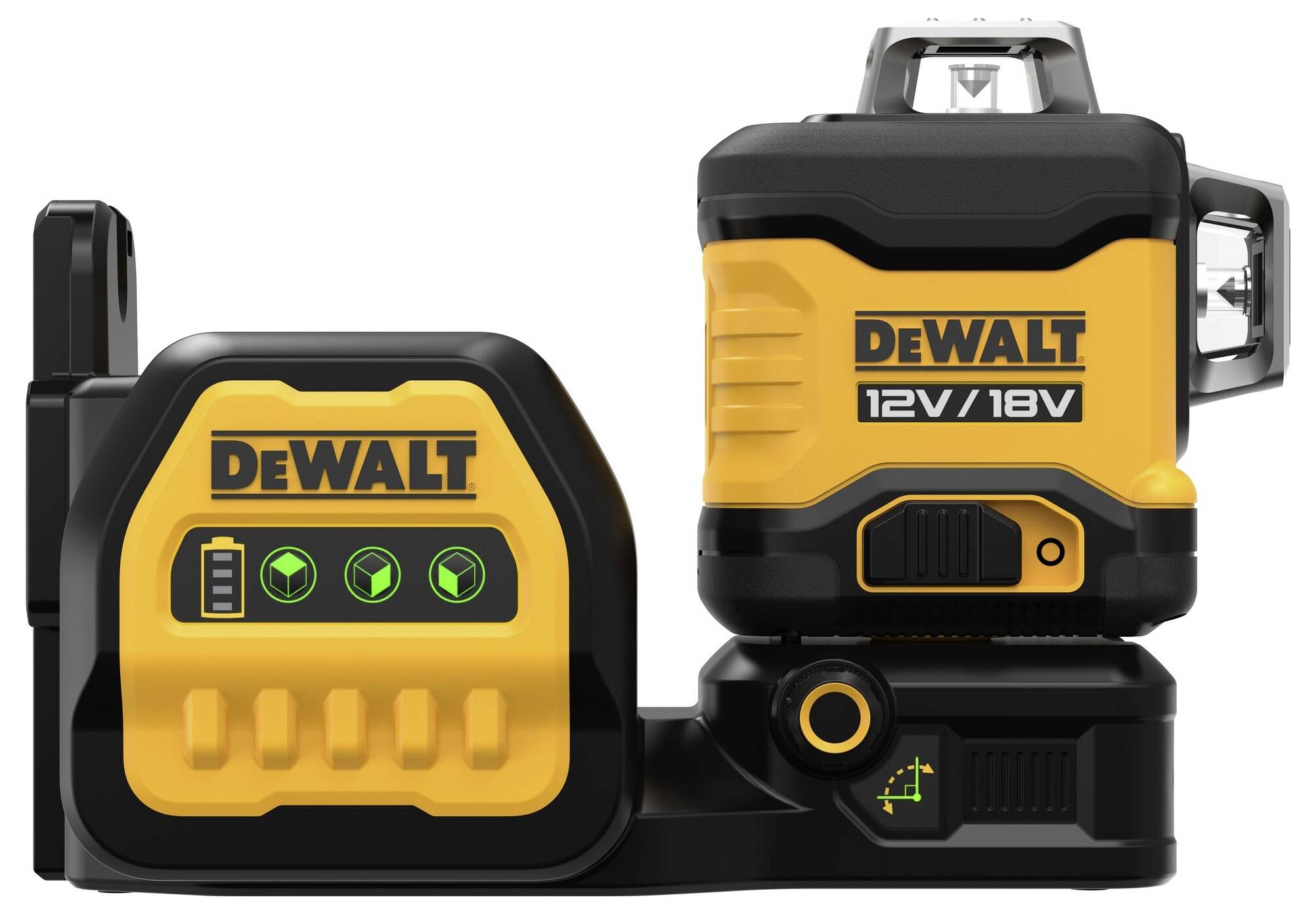 A yellow and black DeWalt laser device with a charging unit for 12V/18V batteries, displaying symbols for battery status and alignment.