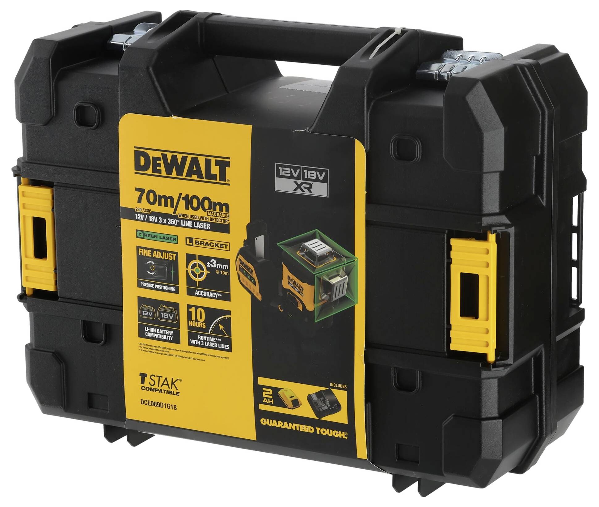 'DEWALT' tool case, black with yellow accents, shows laser line range of 70 to 100 metres. Contains product illustration and specifications.