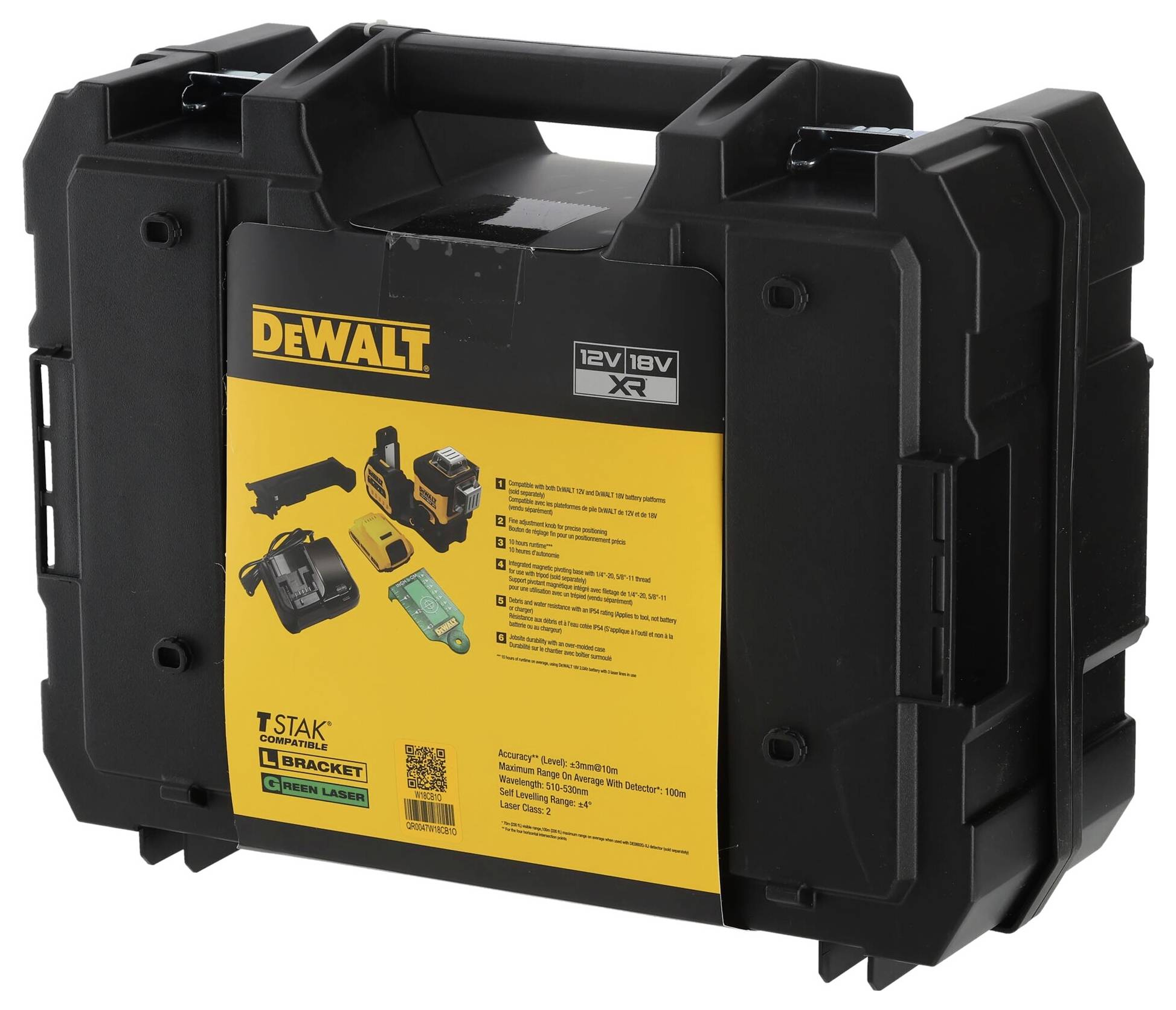 Black tool case with a yellow label, containing illustrations and specifications of DeWalt tools and accessories.