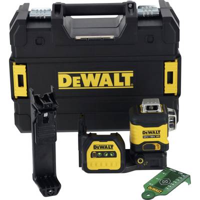 'Dewalt' tool set with case, battery charger and laser device. Predominantly in black and yellow.