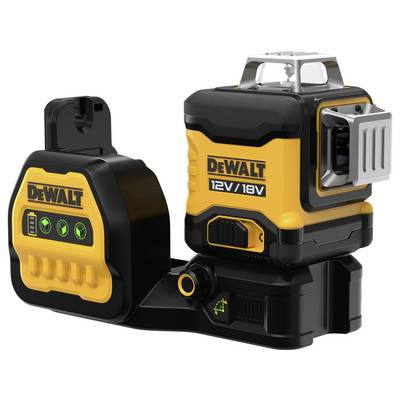 A yellow and black DeWalt laser level with 12V/18V printing and four green LED indicators on a black base.