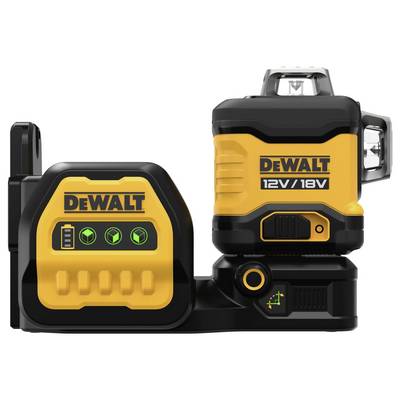 A yellow and black tool device with the inscription 'DEWALT 12V/18V', presumably a spirit level, with blue control indicators.