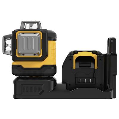 A yellow and black portable device on a charging station. It has a silver front panel and a black handle.
