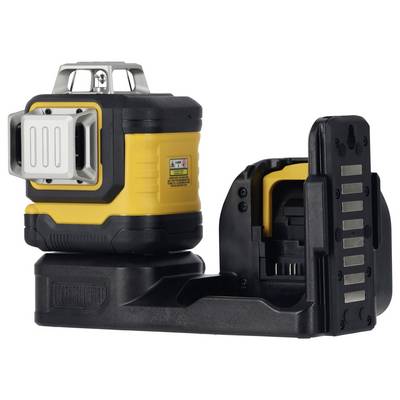 A yellow and black laser device for precise levelling in construction projects. It is compact and mounted on a sturdy tripod.
