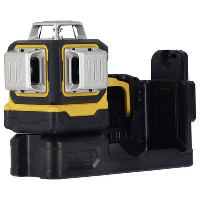 An electronic laser levelling device with a yellow and black casing, mounted on a black stand for precise measurements.
