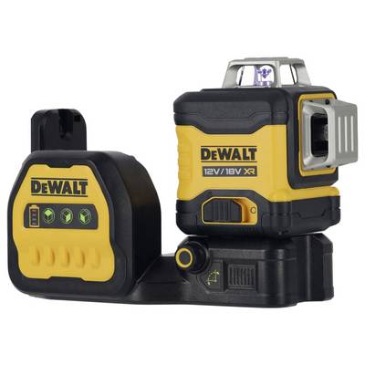 A cordless DeWalt line laser with 12V/18V XR battery. The device is black and yellow, compact, and designed for precise construction applications.