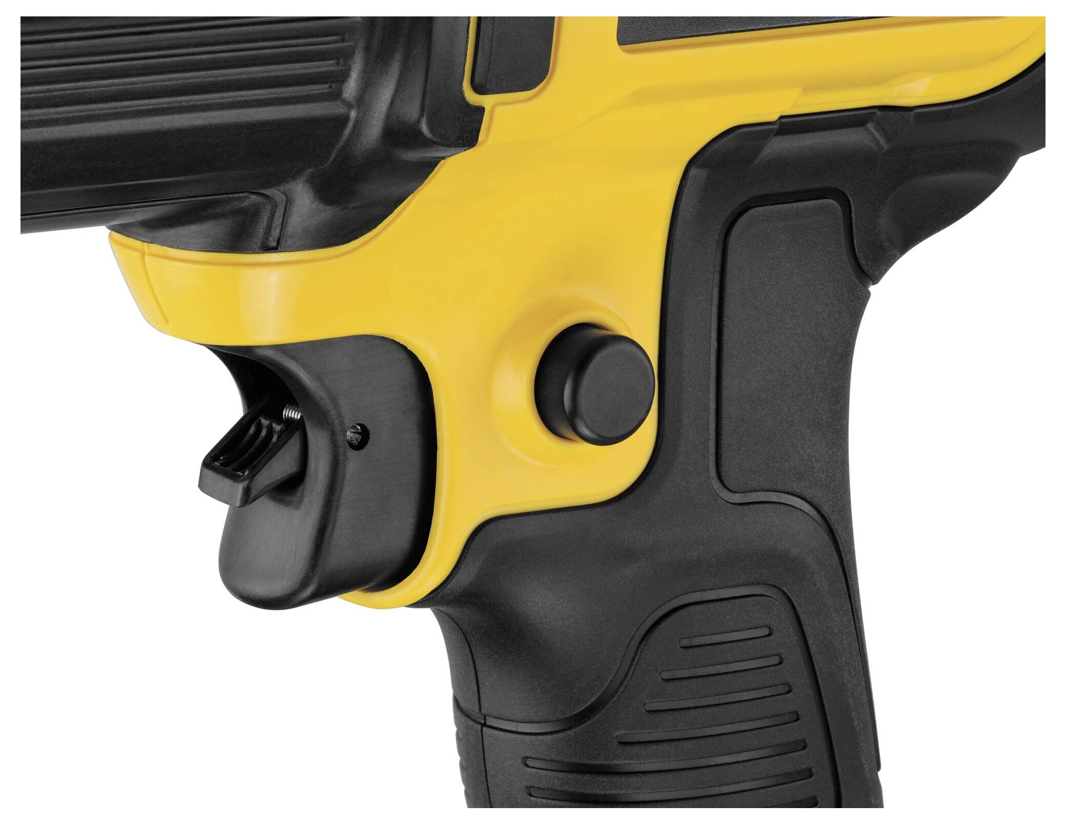 Close-up of a yellow and black tool with a trigger and handle. The device appears robust and ergonomically designed.