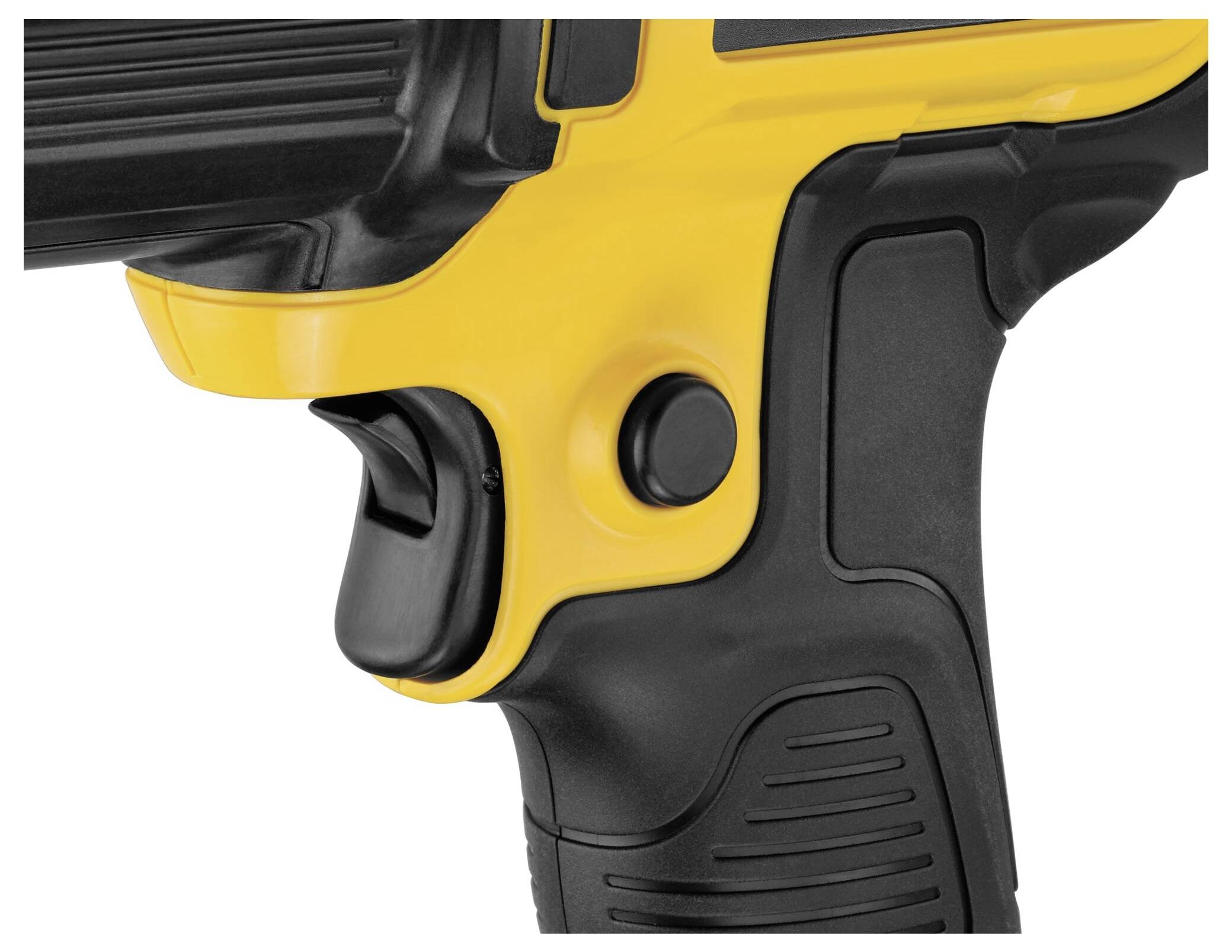 Close-up of a black and yellow drill handle with trigger and comfortable grip structure.