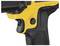 Close-up of a black and yellow drill handle with trigger and comfortable grip structure.