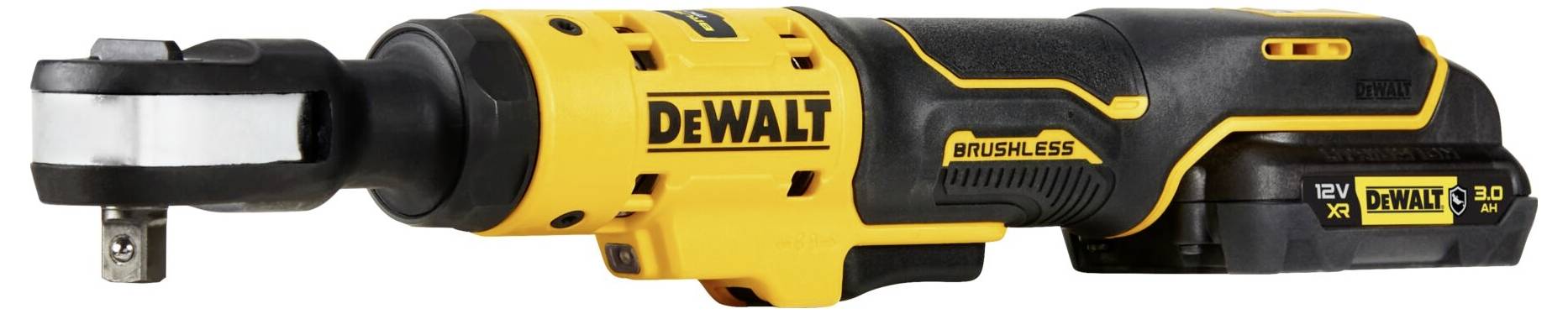 A cordless ratchet spanner by DeWalt in yellow and black, with a rechargeable battery, suitable for fastening work.