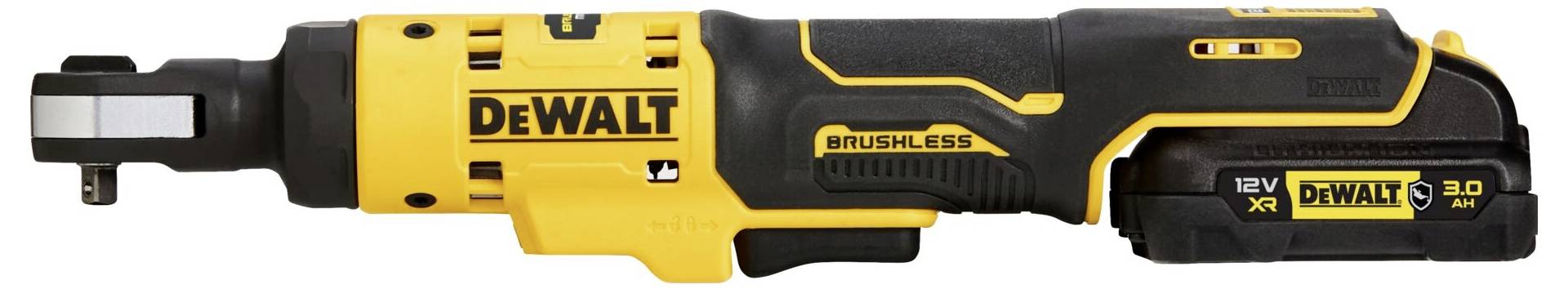 A yellow and black cordless ratchet screwdriver with 'DEWALT' logo, suitable for DIY tasks and repairs.