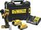 Cordless drill set comprising a yellow and black cordless drill from the DEWALT brand, including a charger, two batteries, and a carry case.